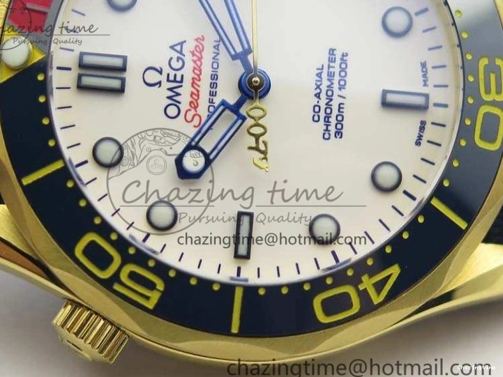 0327 Modern Seamaster 300M 007 YG URF 1:1 Best Edition White Dial Ceramic Bezel On Nylon Strap A 8115